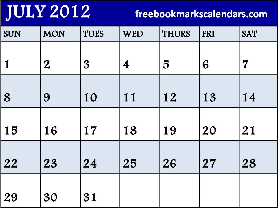 July Calendar 2012 Printable