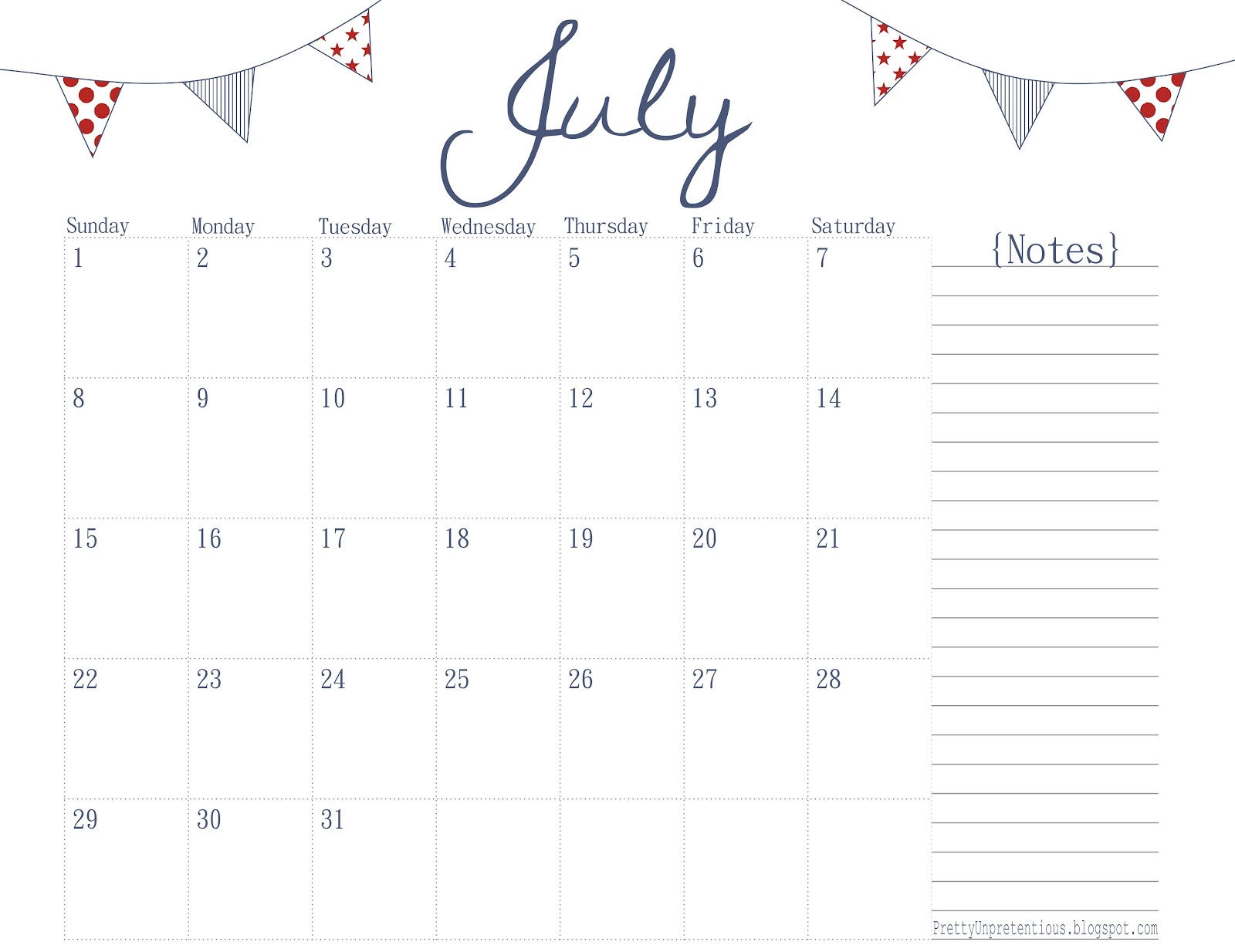 July Calendar 2012 Printable