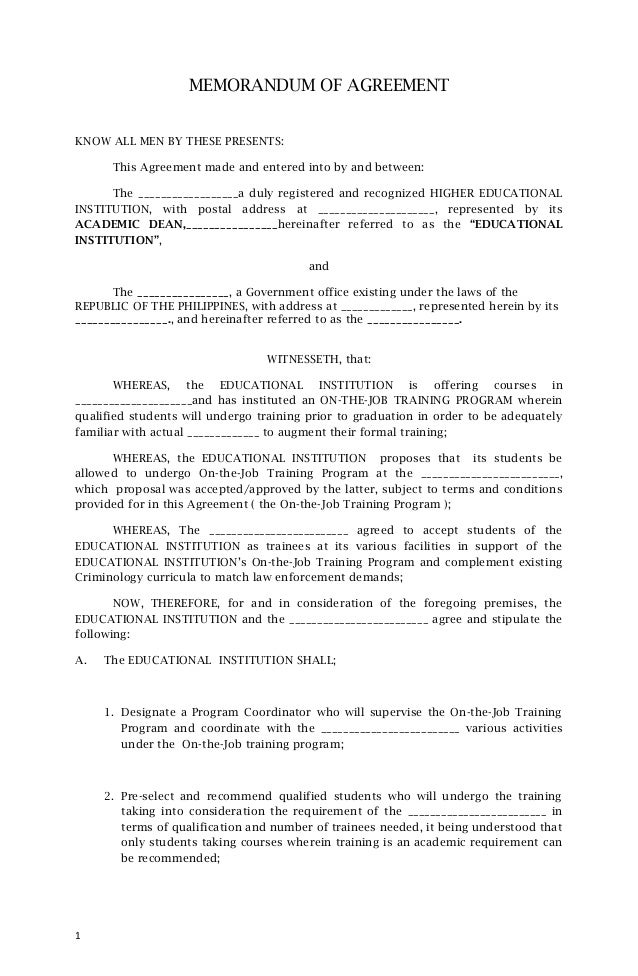 Memorandum Of Agreement Sample For Ojt