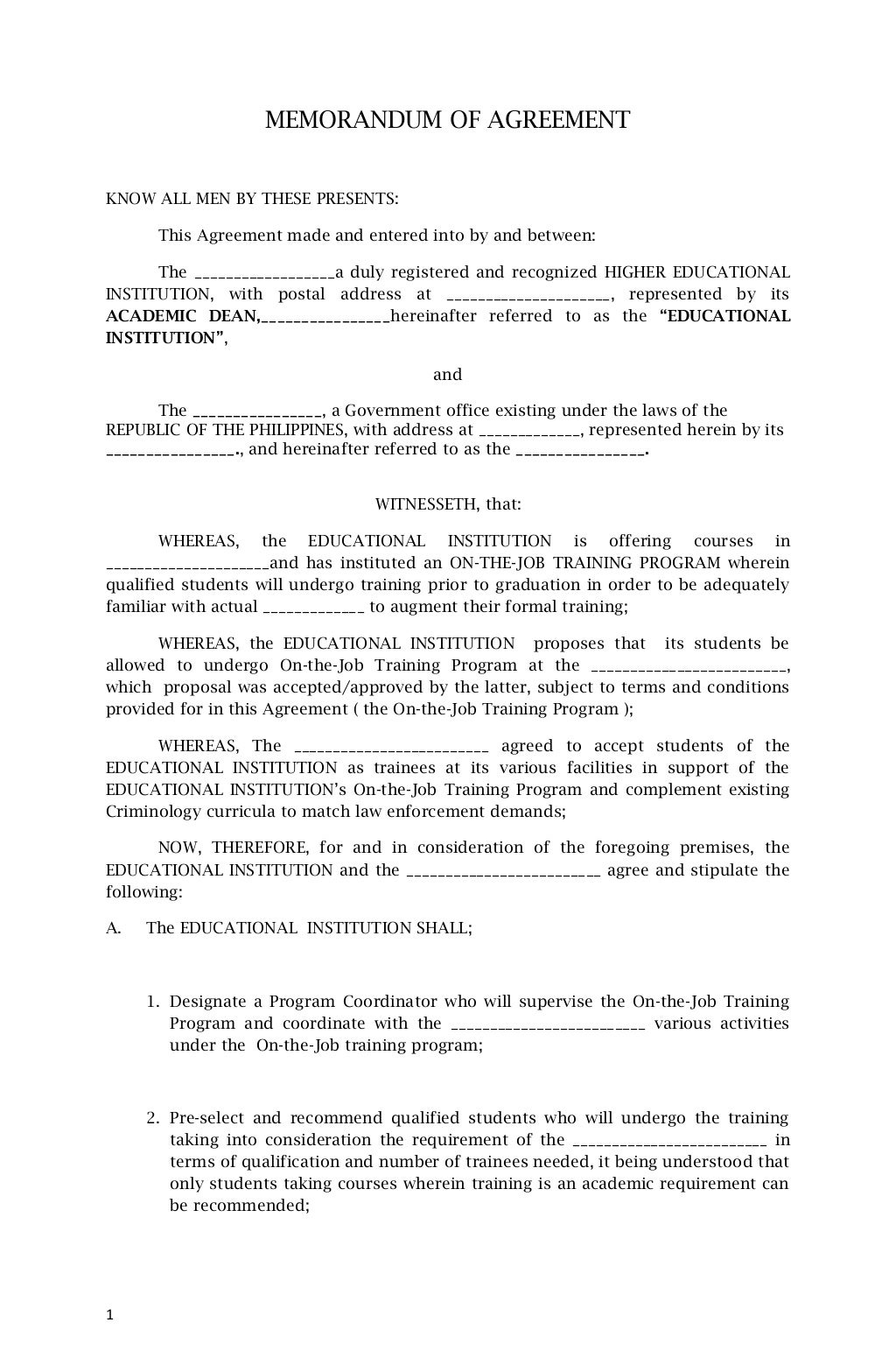 Memorandum Of Agreement Sample For Ojt