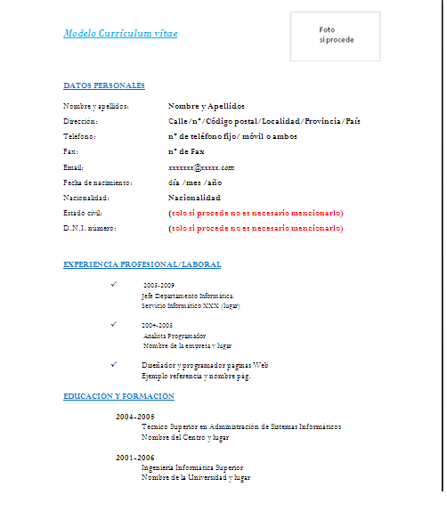 Modelos De Curriculum Vitae Para Completar