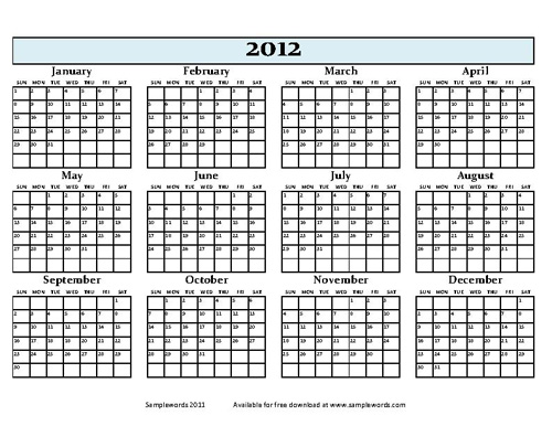 Month Calendar 2012 Printable