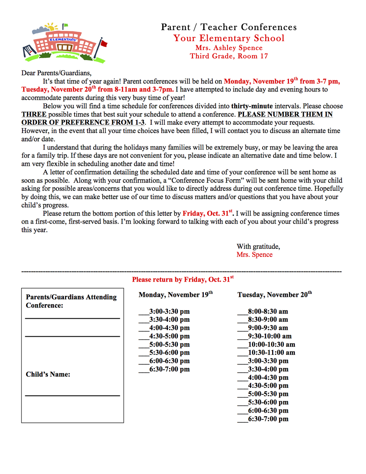 Parent Teacher Conference Sign Up Sheet Printable