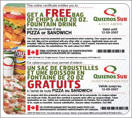 Quiznos Coupons Canada 2012