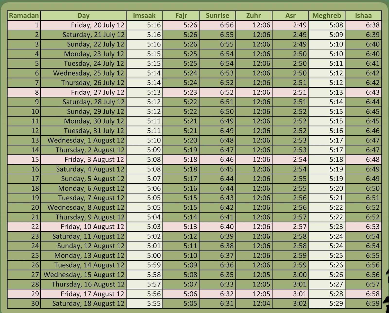 Ramadan Calendar 2012 Uk