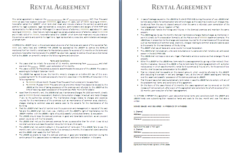 Renters Lease Agreement Template Free