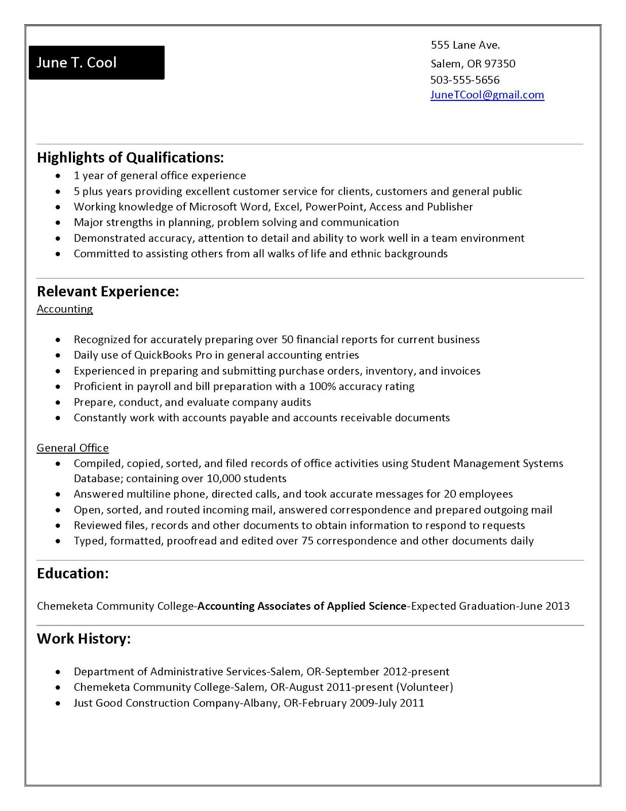 Resumes 2013 Examples