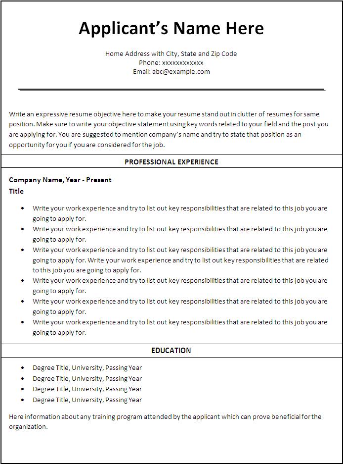 Resumes Templates For Word