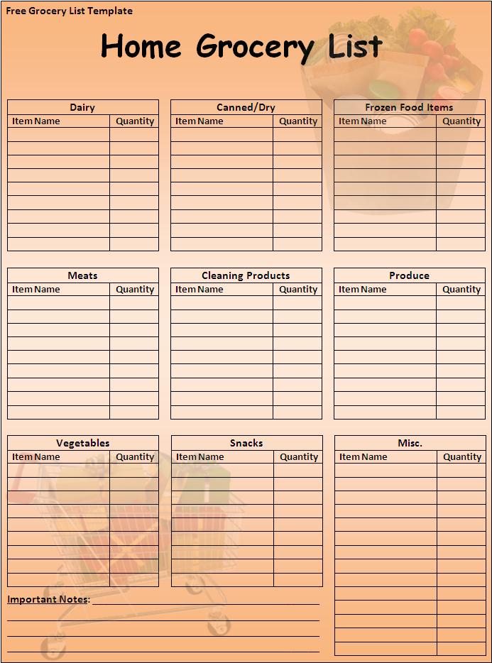 Shopping List Template Free