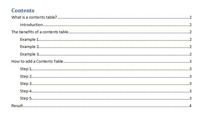 Table Of Contents Page Example