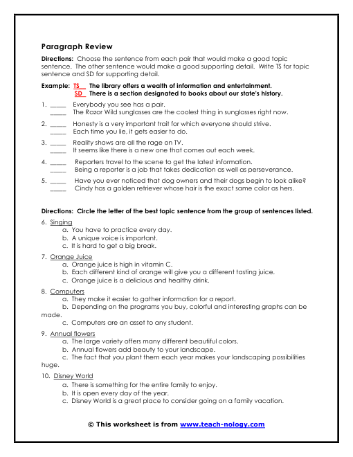 Topic Sentence Worksheets