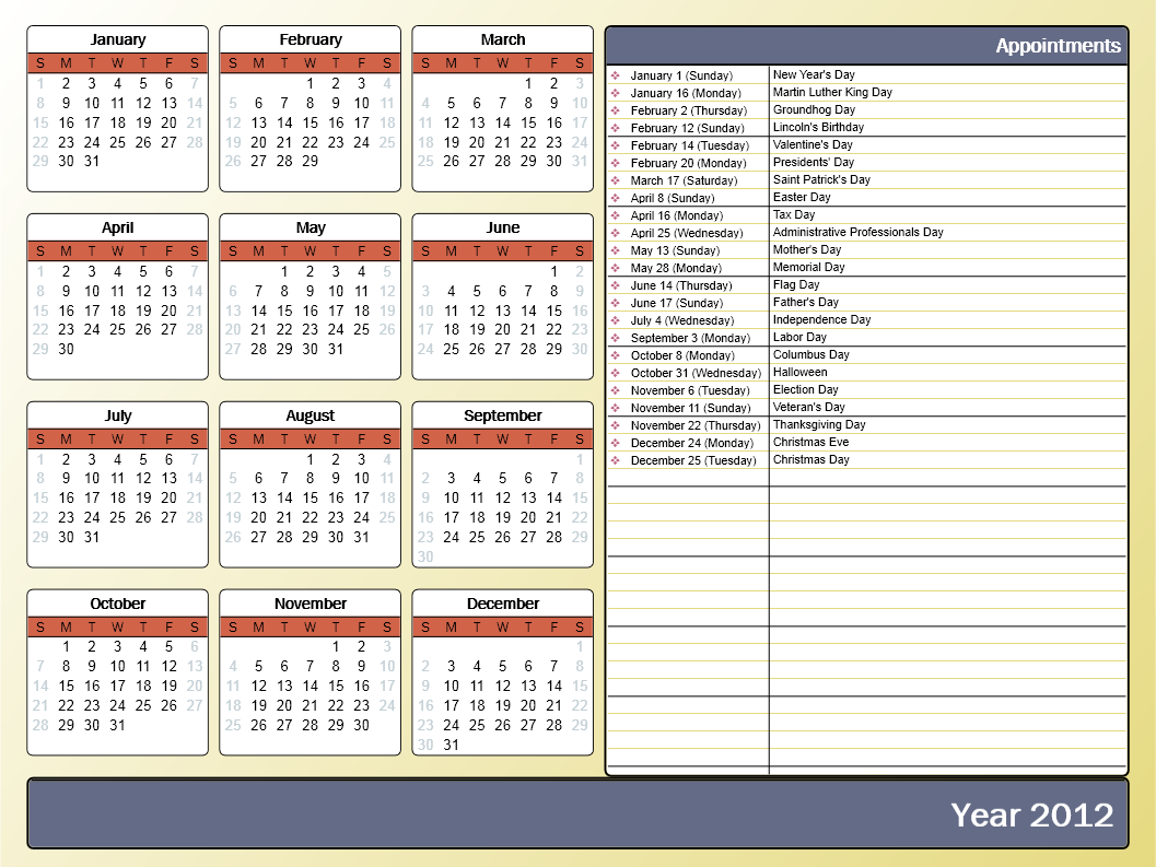 Year Calendar 2012 Printable