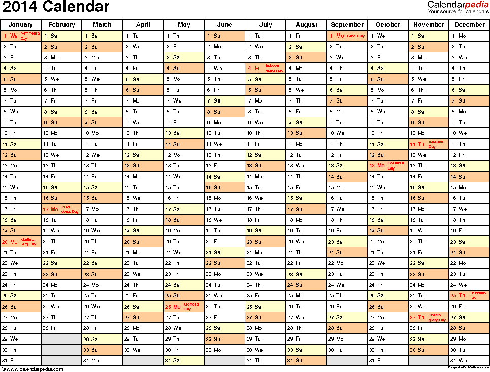 Year Calendar Template 2014