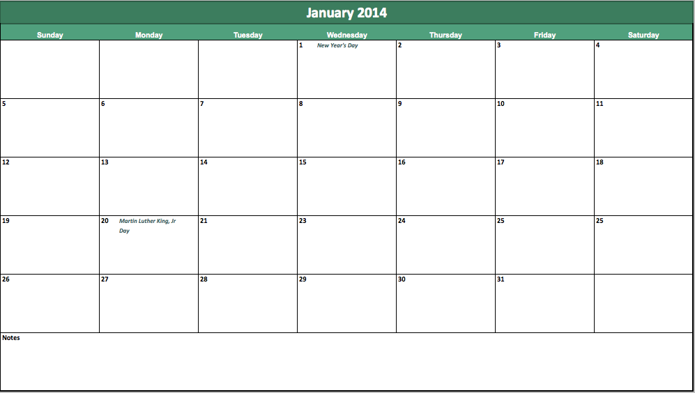 Year Calendar Template 2014